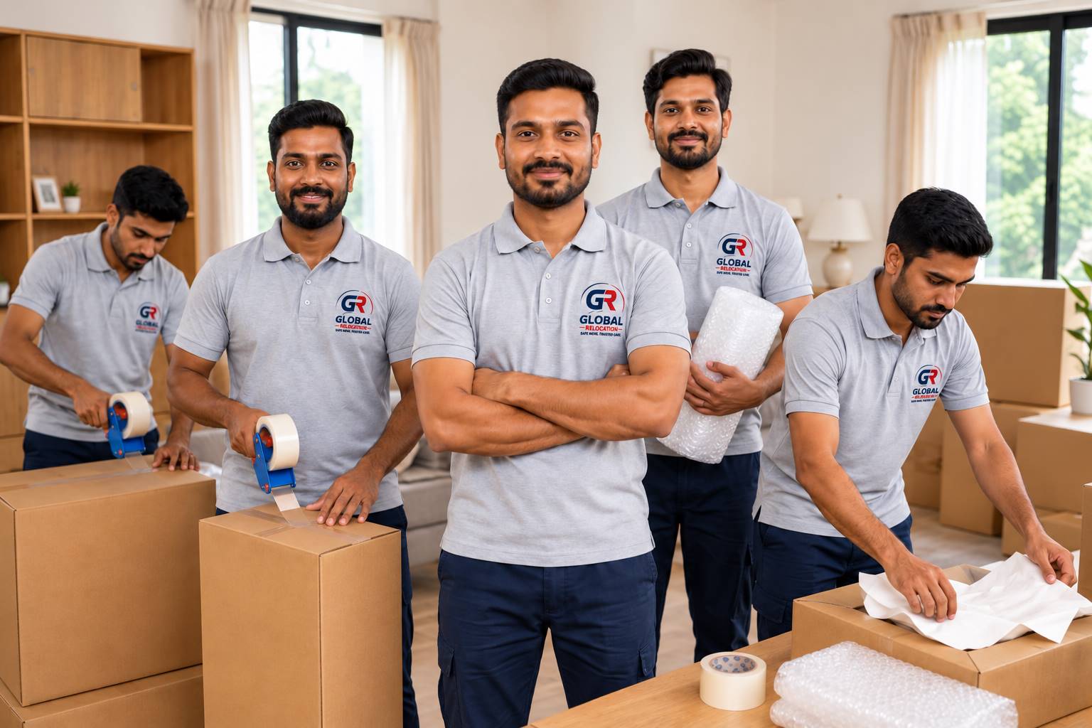 Global Relocation Packers and Movers team member carrying boxes